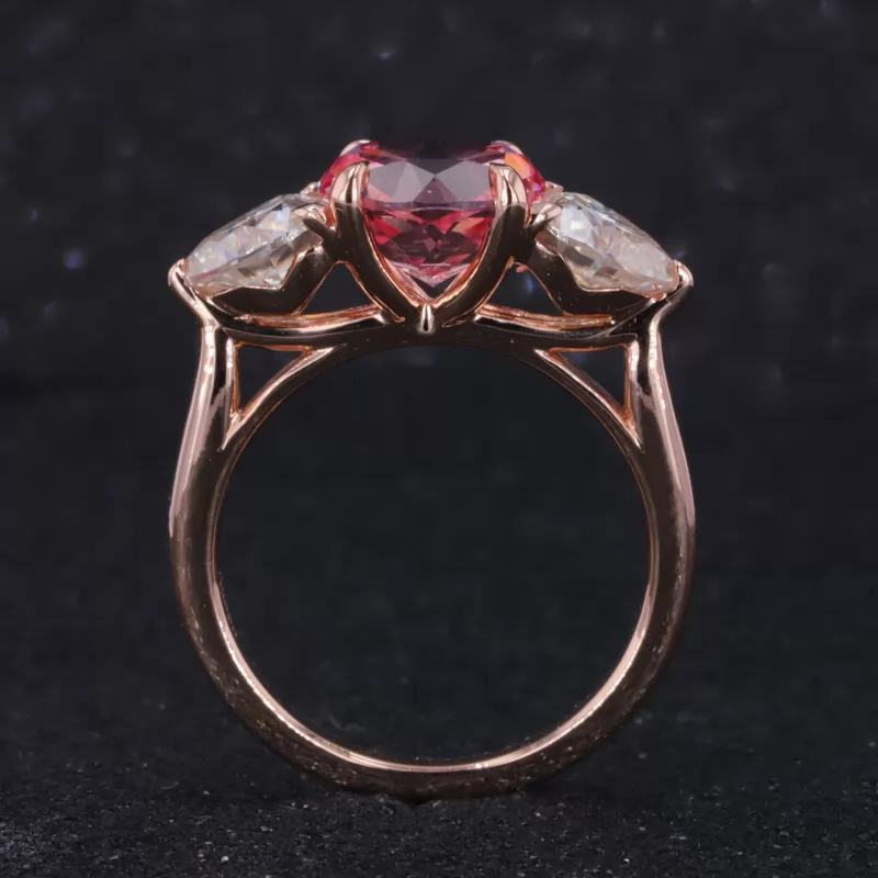 8.5mm Round Brilliant Cut Lab Grown Padparadscha Pink Sapphire 14K Rose Gold Three Stone Engagement Ring