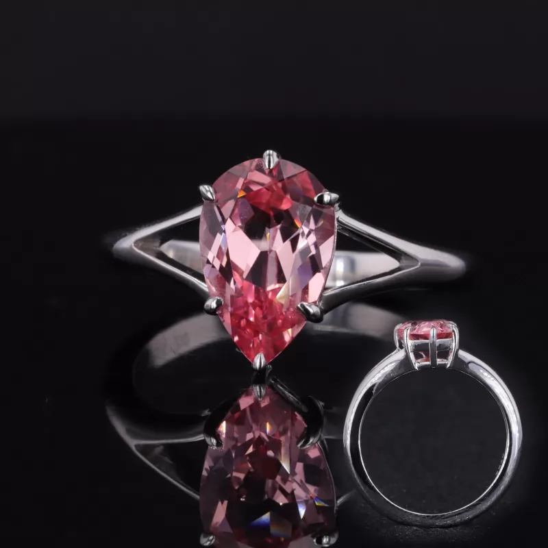 7×11mm Pear Cut Lab Grown Padparadscha Pink Sapphire S925 Sterling Silver Solitaire Engagement Ring