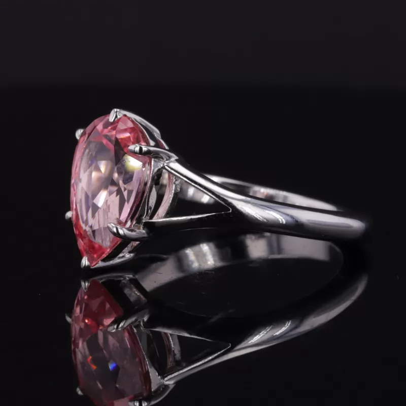 7×11mm Pear Cut Lab Grown Padparadscha Pink Sapphire S925 Sterling Silver Solitaire Engagement Ring