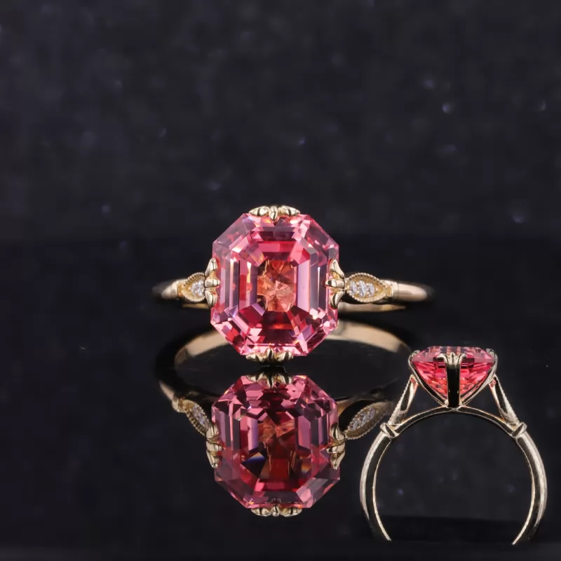 9.5×10.5mm Asscher Cut Lab Grown Padparadscha Pink Sapphire 10K Yellow Gold Channel Set Engagement Ring