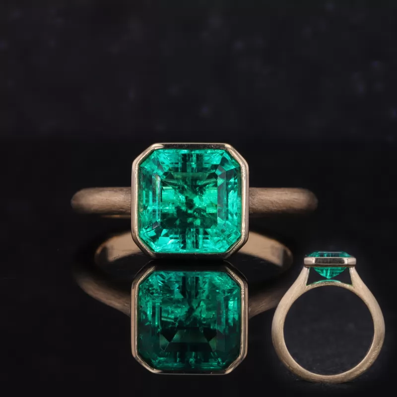 8×8mm Asscher Cut Lab Grown Emerald Bezel Set 14K Yellow Gold Solitaire Engagement Ring