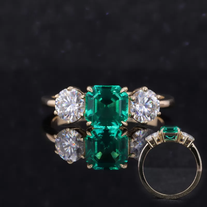 7×7mm Asscher Cut Lab Grown Emerald 10K Yellow Gold Three Stone Engagement Ring