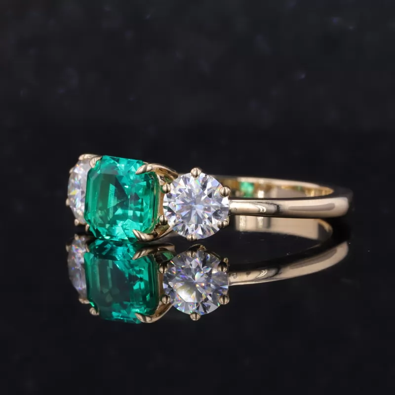 7×7mm Asscher Cut Lab Grown Emerald 10K Yellow Gold Three Stone Engagement Ring