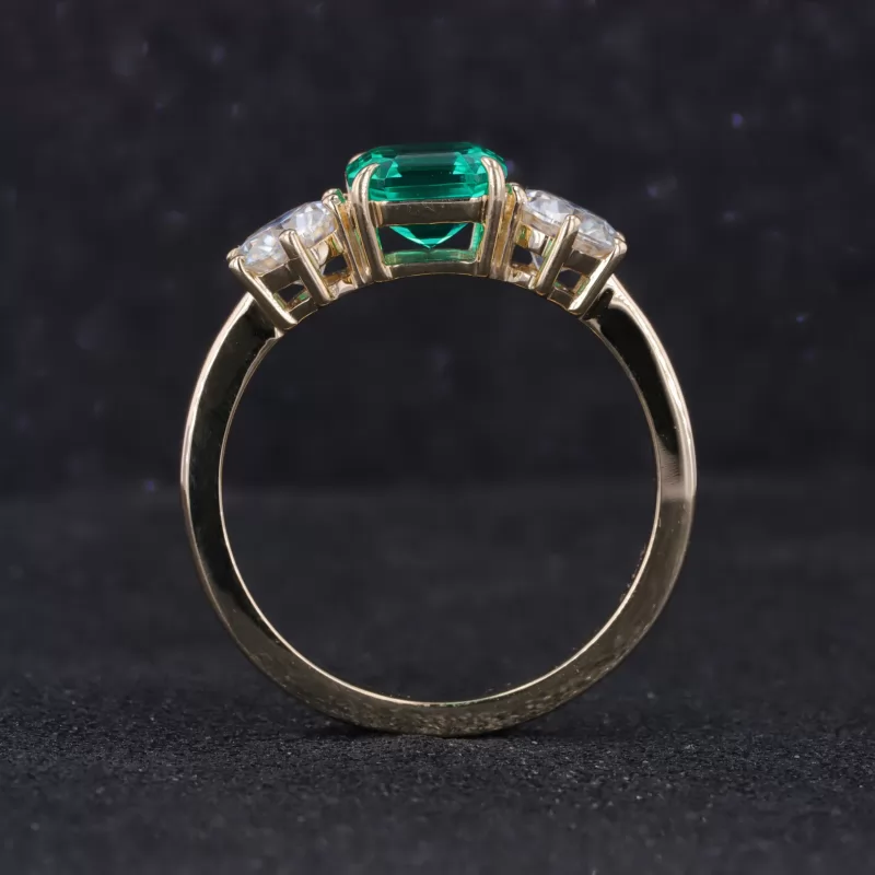 7×7mm Asscher Cut Lab Grown Emerald 10K Yellow Gold Three Stone Engagement Ring