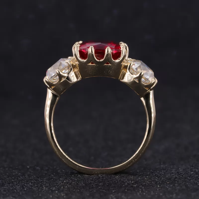 8×10mm Cushion Cut Lab Grown Ruby 14K Yellow Gold Three Stone Engagement Ring
