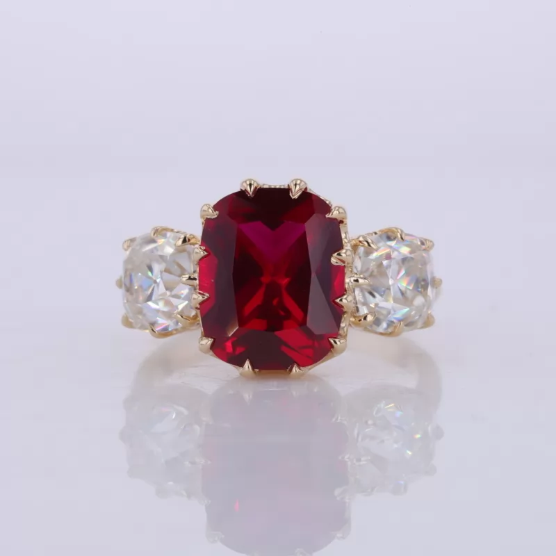 8×10mm Cushion Cut Lab Grown Ruby 14K Yellow Gold Three Stone Engagement Ring