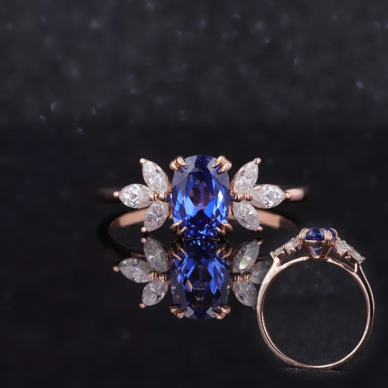 5×7mm Cushion Cut Lab Grown Sapphire With Side Moissanite 14K Rose Gold Engagement Ring