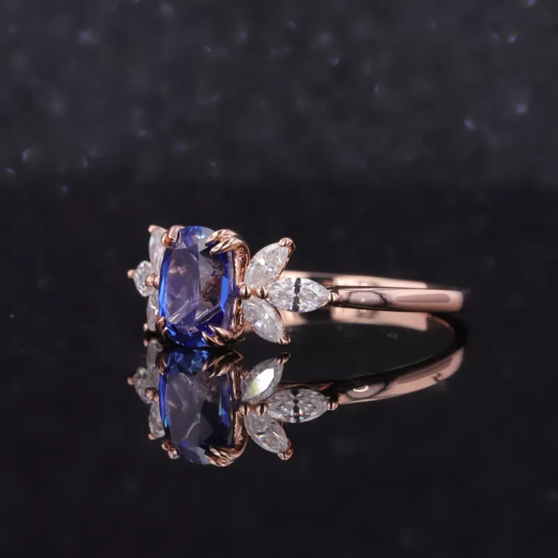 5×7mm Cushion Cut Lab Grown Sapphire With Side Moissanite 14K Rose Gold Engagement Ring