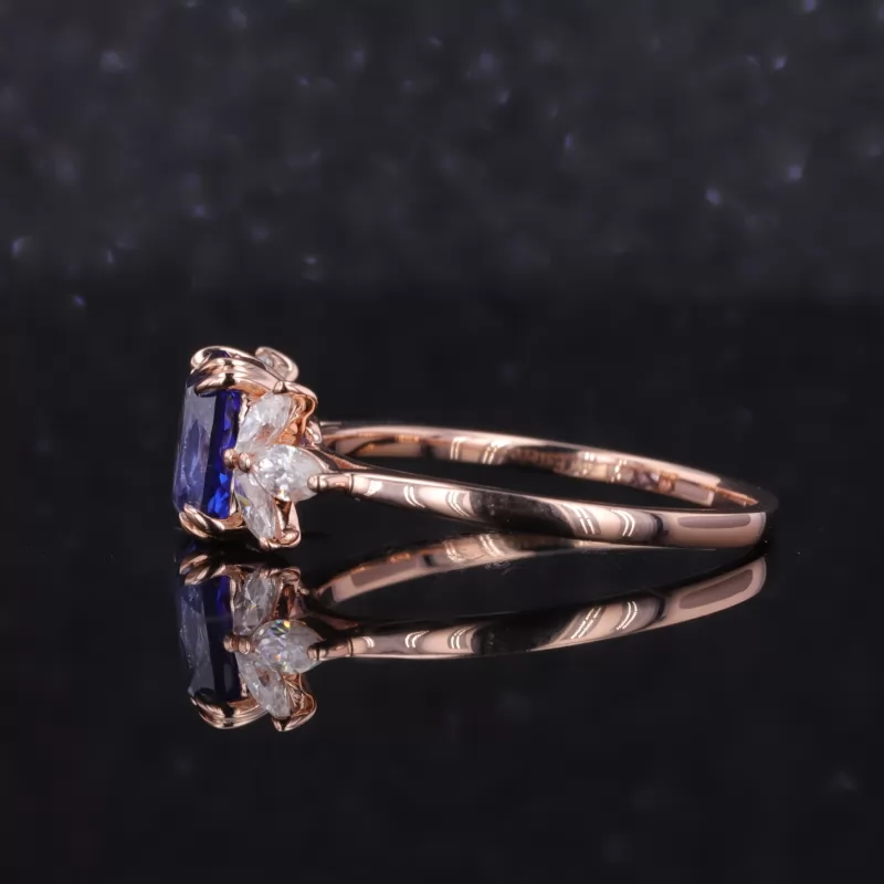 5×7mm Cushion Cut Lab Grown Sapphire With Side Moissanite 14K Rose Gold Engagement Ring