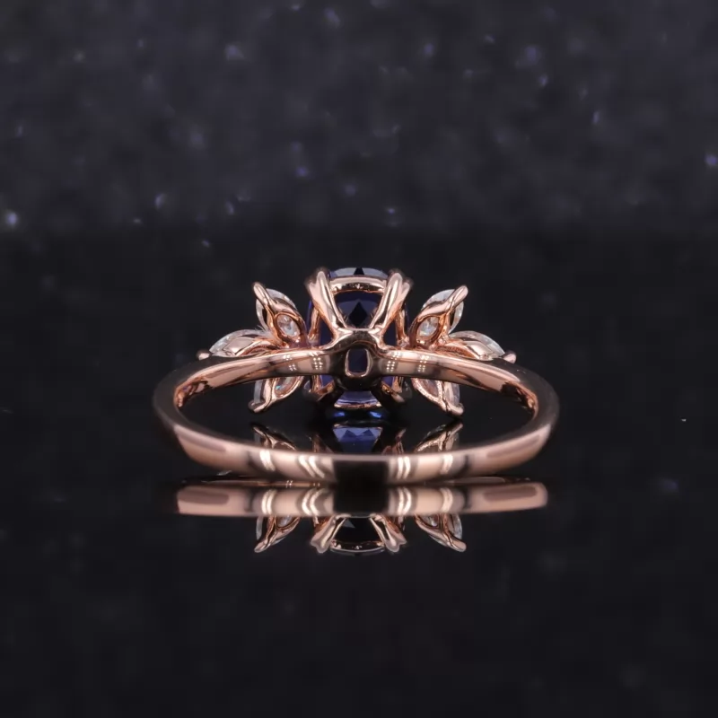 5×7mm Cushion Cut Lab Grown Sapphire With Side Moissanite 14K Rose Gold Engagement Ring