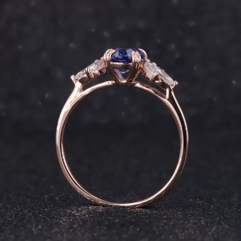 5×7mm Cushion Cut Lab Grown Sapphire With Side Moissanite 14K Rose Gold Engagement Ring