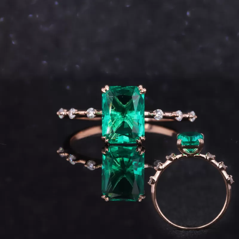 6×8mm Radiant Cut Lab Grown Emerald 14K Rose Gold Pave Engagement Ring