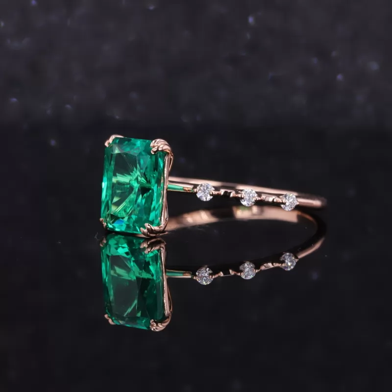 6×8mm Radiant Cut Lab Grown Emerald 14K Rose Gold Pave Engagement Ring