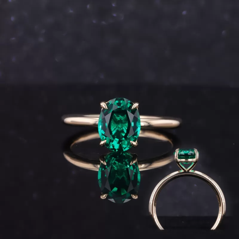 7×9mm Oval Cut Lab Grown Emerald 14K Gold Solitaire Engagement Ring