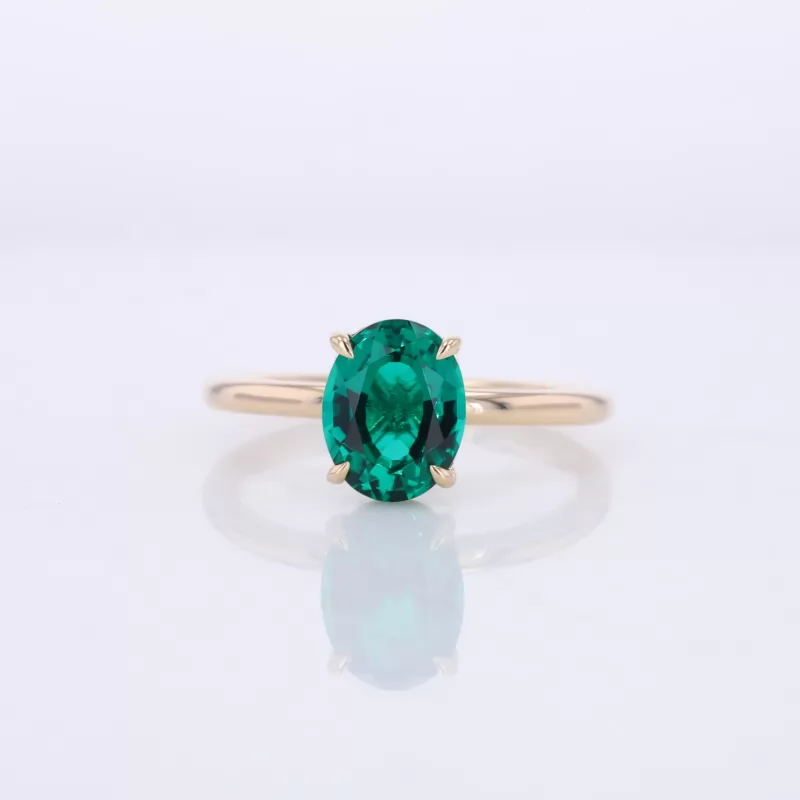 7×9mm Oval Cut Lab Grown Emerald 14K Yellow Gold Solitaire Engagement Ring