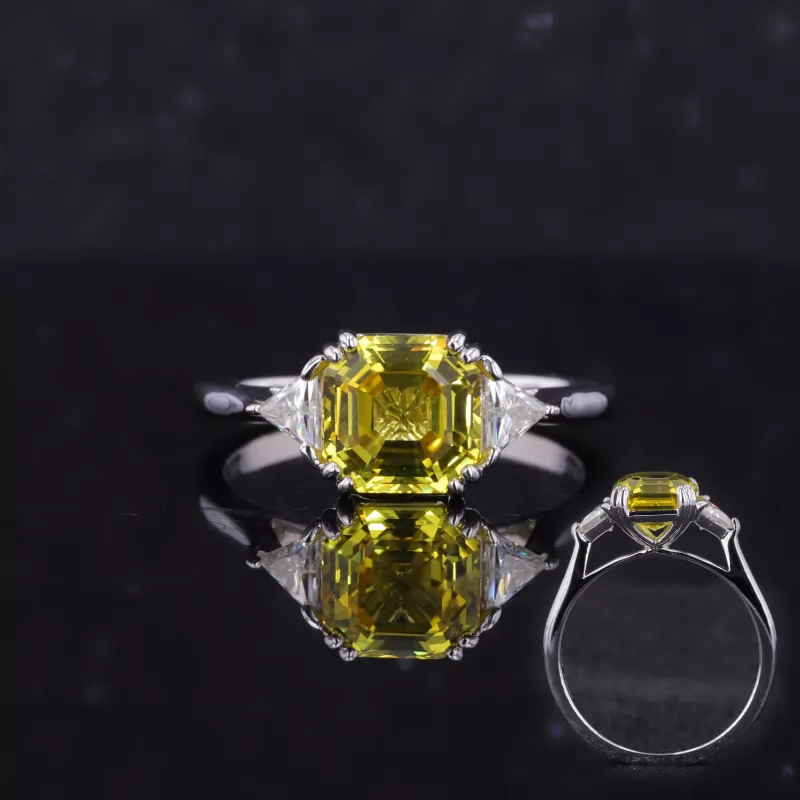 7×7mm Asscher Cut Lab Grown Yellow Sapphire 14K White Gold Three Stone Engagement Ring