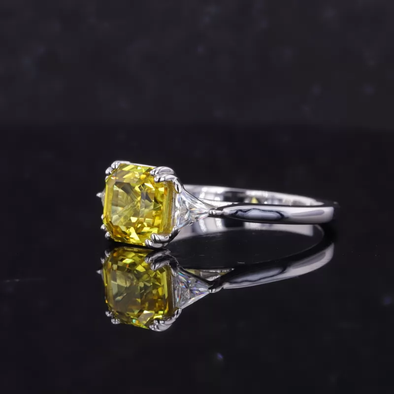7×7mm Asscher Cut Lab Grown Yellow Sapphire 14K White Gold Three Stone Engagement Ring