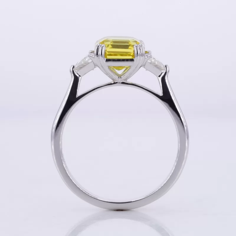 7×7mm Asscher Cut Lab Grown Yellow Sapphire 14K White Gold Three Stone Engagement Ring