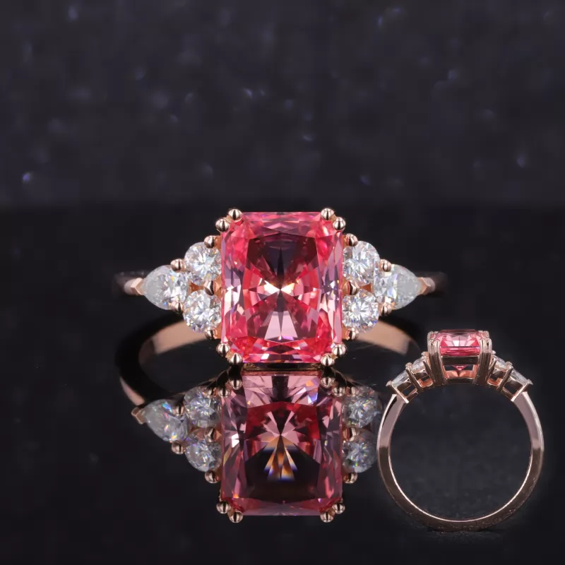 8×10mm Radiant Cut Lab Grown Padparadscha Pink Sapphire With Side Moissanite 14K Rose Gold Engagement Ring