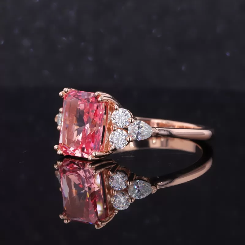 8×10mm Radiant Cut Lab Grown Padparadscha Pink Sapphire With Side Moissanite 14K Rose Gold Engagement Ring