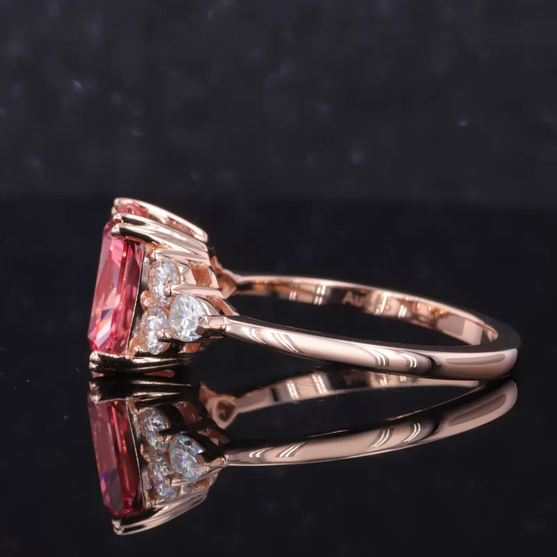 8×10mm Radiant Cut Lab Grown Padparadscha Pink Sapphire With Side Moissanite 14K Rose Gold Engagement Ring