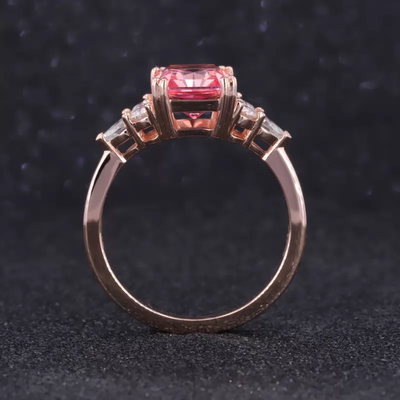 8×10mm Radiant Cut Lab Grown Padparadscha Pink Sapphire With Side Moissanite 14K Rose Gold Engagement Ring