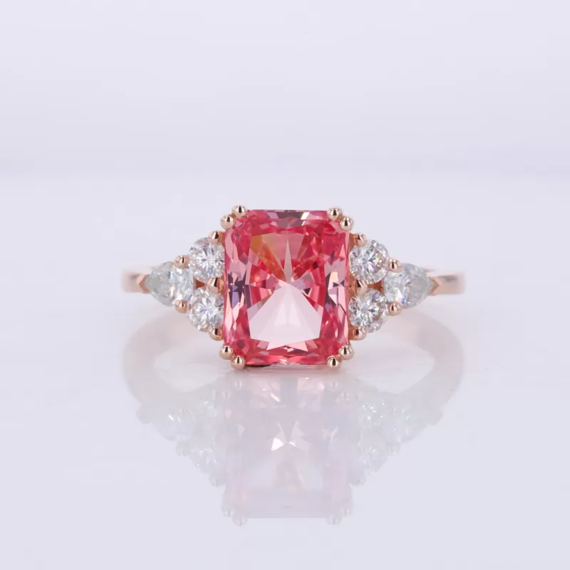 8×10mm Radiant Cut Lab Grown Padparadscha Pink Sapphire With Side Moissanite 14K Rose Gold Engagement Ring