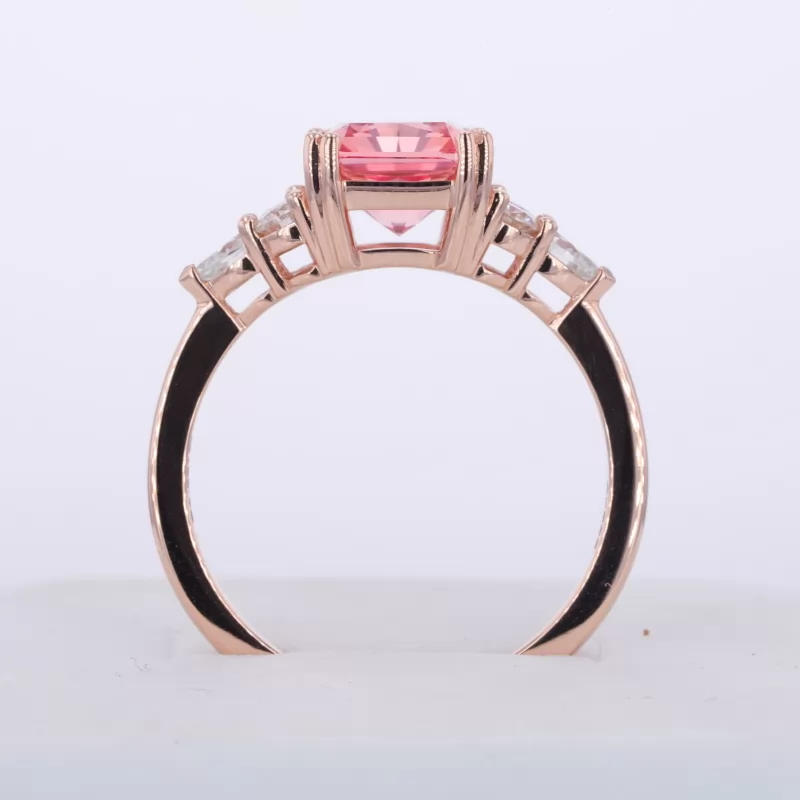 8×10mm Radiant Cut Lab Grown Padparadscha Pink Sapphire With Side Moissanite 14K Rose Gold Engagement Ring