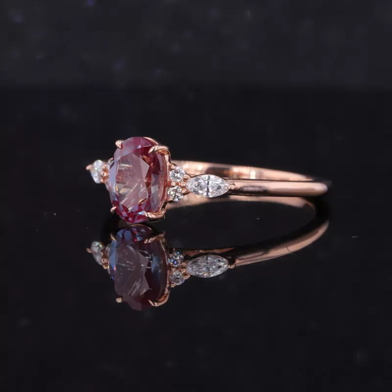 5×7mm Oval Cut Lab Grown Alexandrite Sapphire With Side Moissanite 14K Rose Gold Engagement Ring