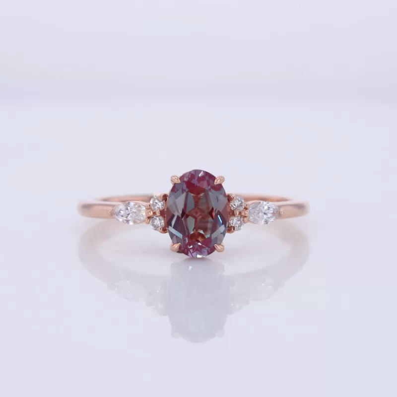 5×7mm Oval Cut Lab Grown Alexandrite Sapphire With Side Moissanite 14K Rose Gold Engagement Ring