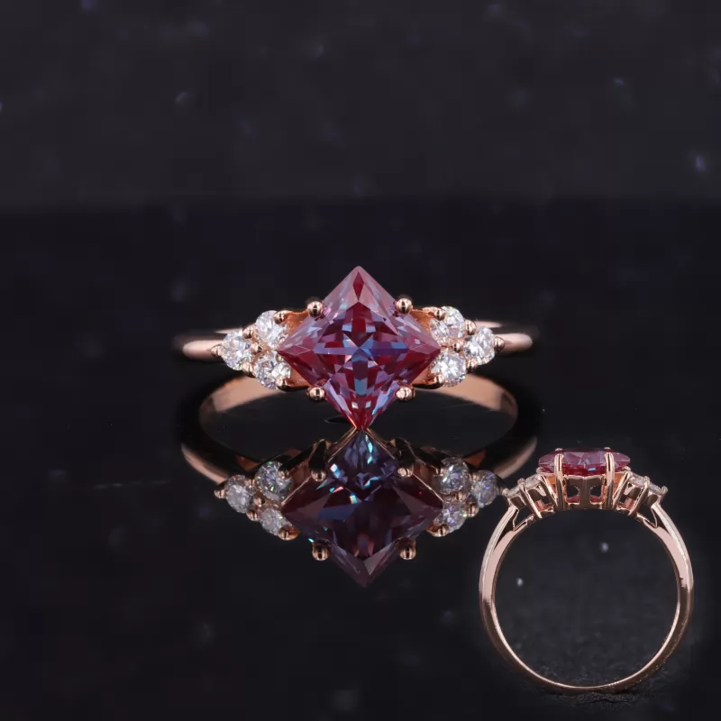 6×6mm Princess Cut Lab Grown Alexandrite Sapphire With Side Moissanite 14K Rose Gold Engagement Ring