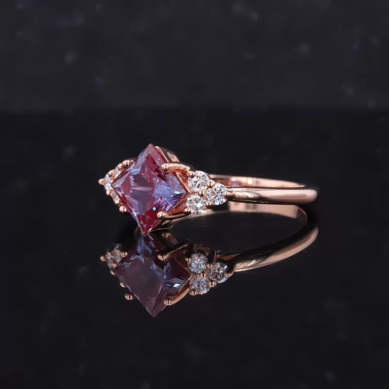 6×6mm Princess Cut Lab Grown Alexandrite Sapphire With Side Moissanite 14K Rose Gold Engagement Ring