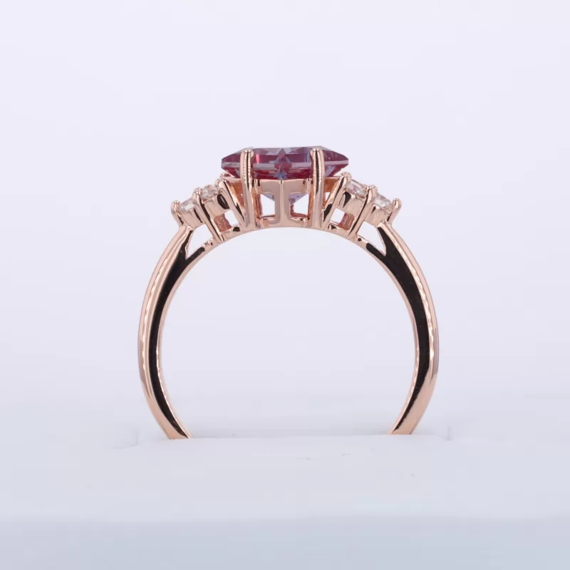 6×6mm Princess Cut Lab Grown Alexandrite Sapphire With Side Moissanite 14K Rose Gold Engagement Ring