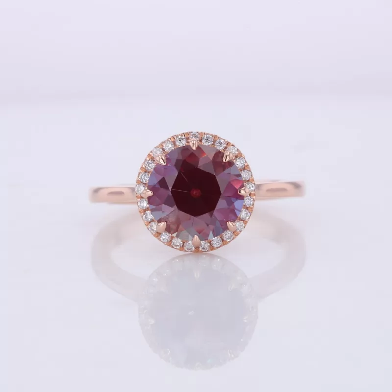 8.5mm Round Brilliant Cut Lab Grown Alexandrite Sapphire 10K Rose Gold Halo Engagement Ring