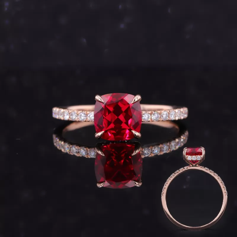 7×7mm Cushion Cut Lab Grown Ruby 14K Rose Gold Pave Engagement Ring