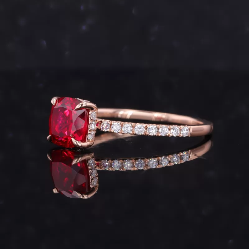 7×7mm Cushion Cut Lab Grown Ruby 14K Rose Gold Pave Engagement Ring