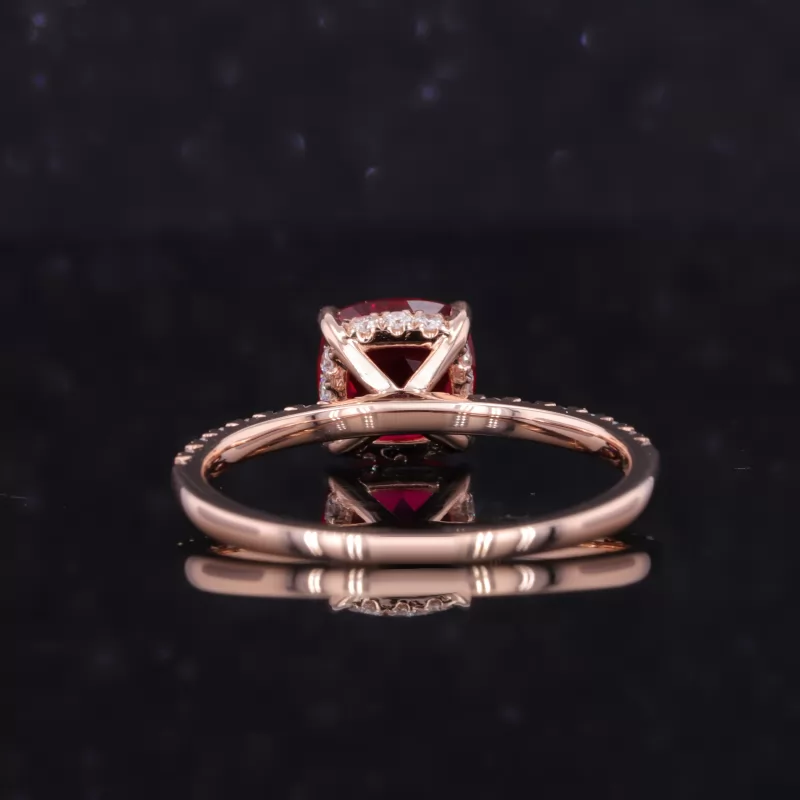 7×7mm Cushion Cut Lab Grown Ruby 14K Rose Gold Pave Engagement Ring