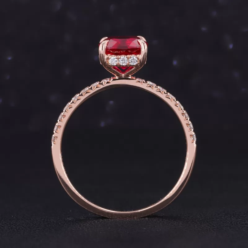 7×7mm Cushion Cut Lab Grown Ruby 14K Rose Gold Pave Engagement Ring