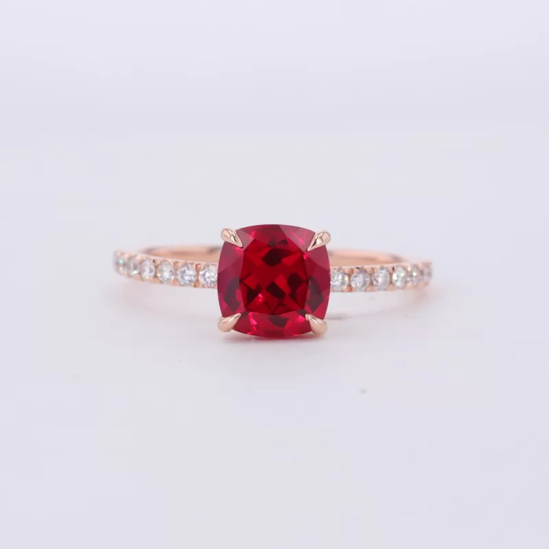 7×7mm Cushion Cut Lab Grown Ruby 14K Rose Gold Pave Engagement Ring