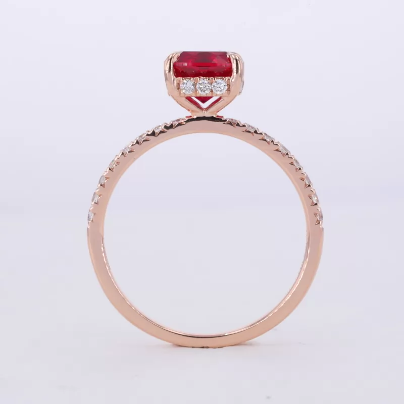 7×7mm Cushion Cut Lab Grown Ruby 14K Rose Gold Pave Engagement Ring