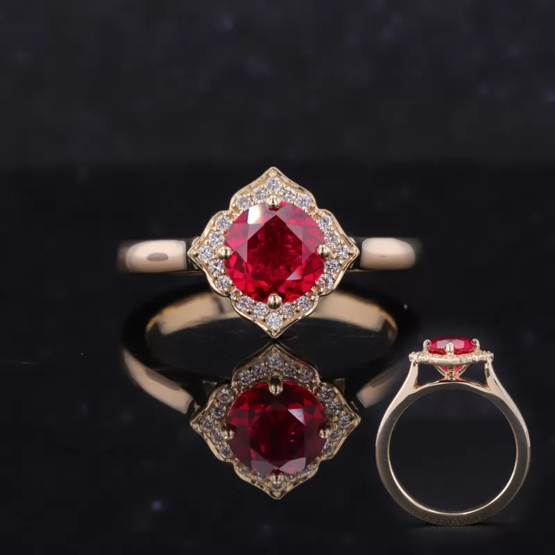 6.5mm Round Brilliant Cut Lab Grown Ruby 10K Yellow Gold Halo Engagement Ring