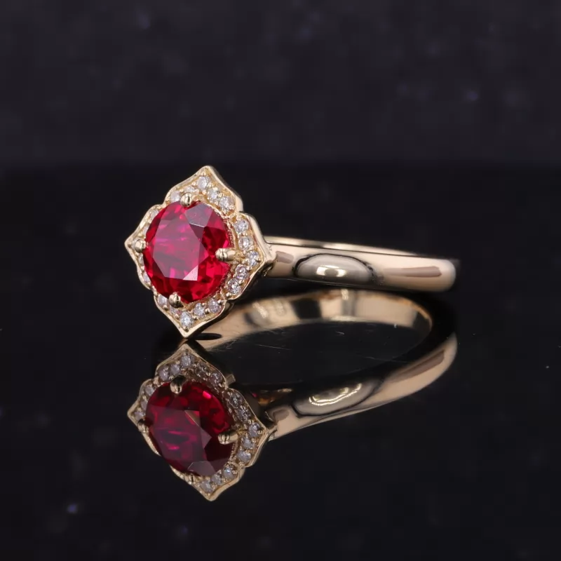 6.5mm Round Brilliant Cut Lab Grown Ruby 10K Yellow Gold Halo Engagement Ring