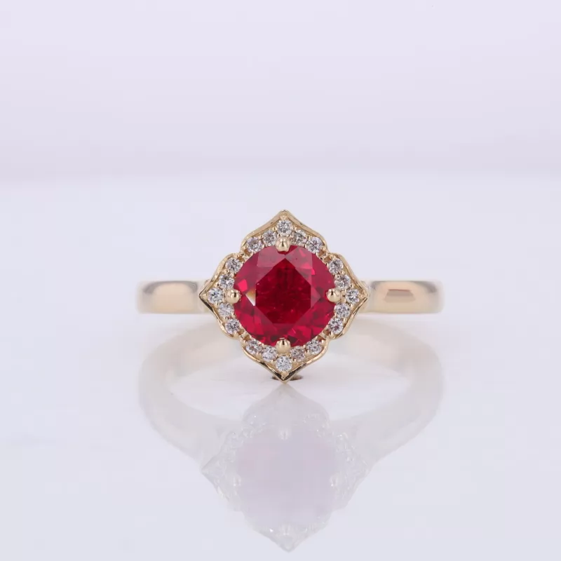 6.5mm Round Brilliant Cut Lab Grown Ruby 10K Yellow Gold Halo Engagement Ring