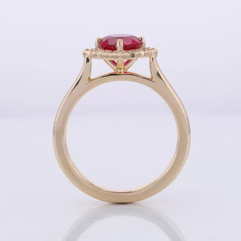 6.5mm Round Brilliant Cut Lab Grown Ruby 10K Yellow Gold Halo Engagement Ring