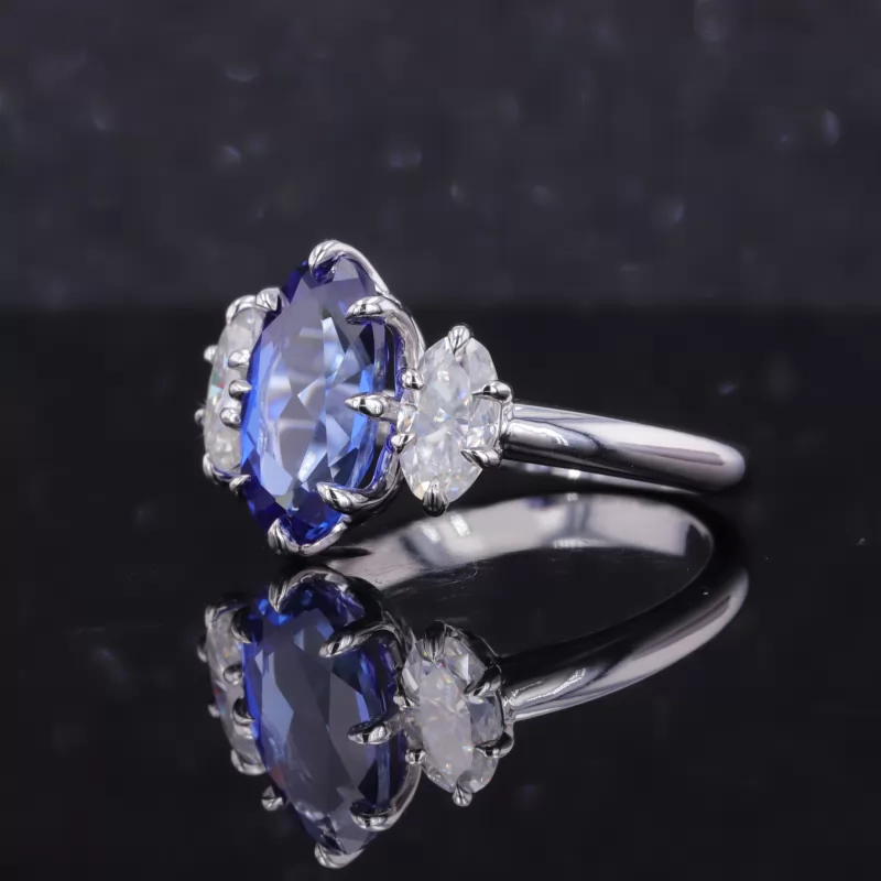 7×12mm Oval Cut Lab Grown Sapphire 14K White Gold Three Stone Engagement Ring