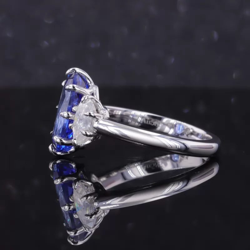 7×12mm Oval Cut Lab Grown Sapphire 14K White Gold Three Stone Engagement Ring