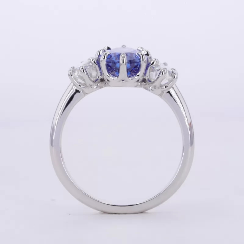 7×12mm Oval Cut Lab Grown Sapphire 14K White Gold Three Stone Engagement Ring