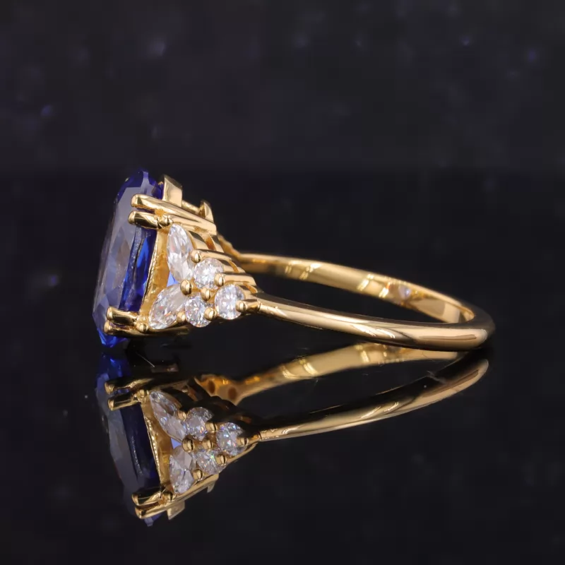 7×11mm Oval Cut Lab Grown Sapphire With Side Moissanite 22K Yellow Gold Engagement Ring