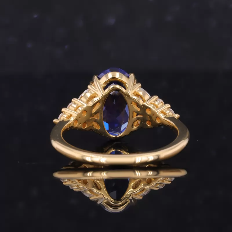 7×11mm Oval Cut Lab Grown Sapphire With Side Moissanite 22K Yellow Gold Engagement Ring