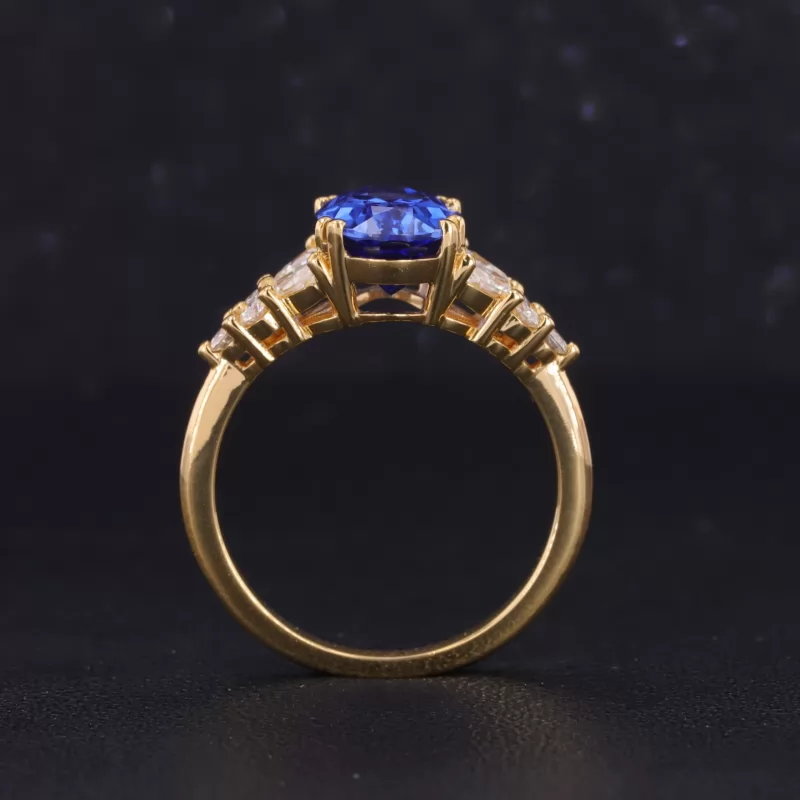 7×11mm Oval Cut Lab Grown Sapphire With Side Moissanite 22K Yellow Gold Engagement Ring